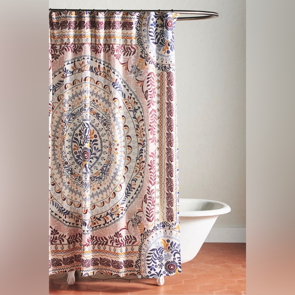 Anthropologie Pink Blue Gold Mandala Shower Curtain - Picture 2 of 3
